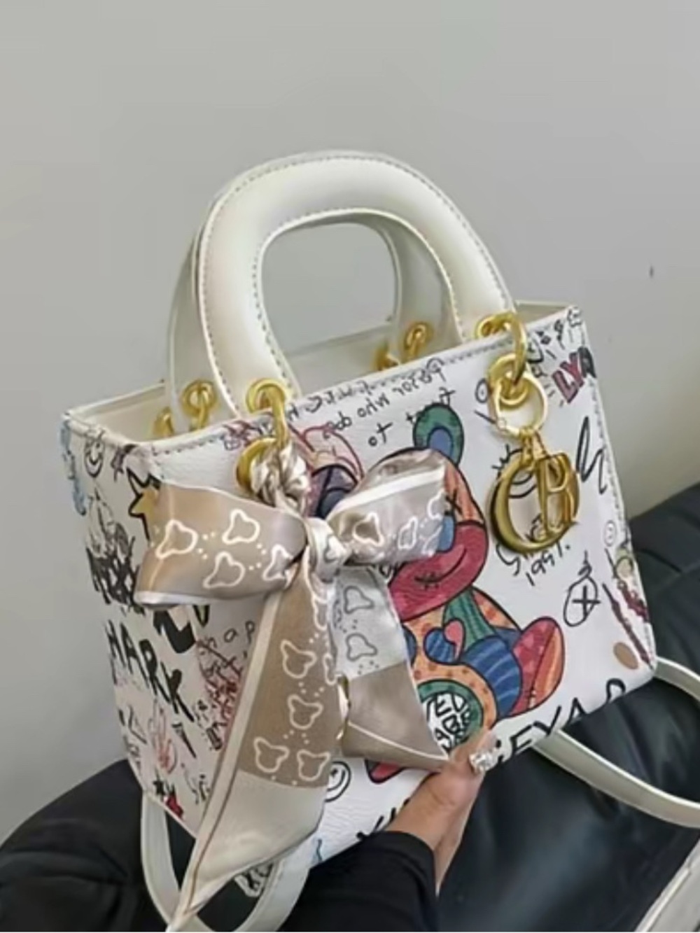 White Graffiti Teddy Tote Bag with Gold Hardware
